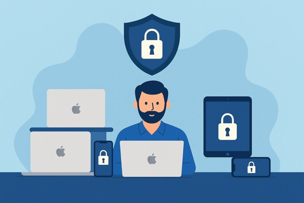 MacBook, iPhone, and iPad connected through MDM — Apple-focused IT management concept.